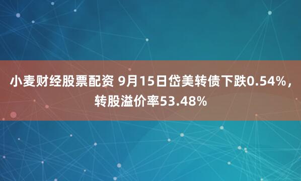 小麦财经股票配资 9月15日岱美转债下跌0.54%，转股溢价率53.48%